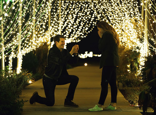man on one knee proposing to girlfriend under white string lights 
